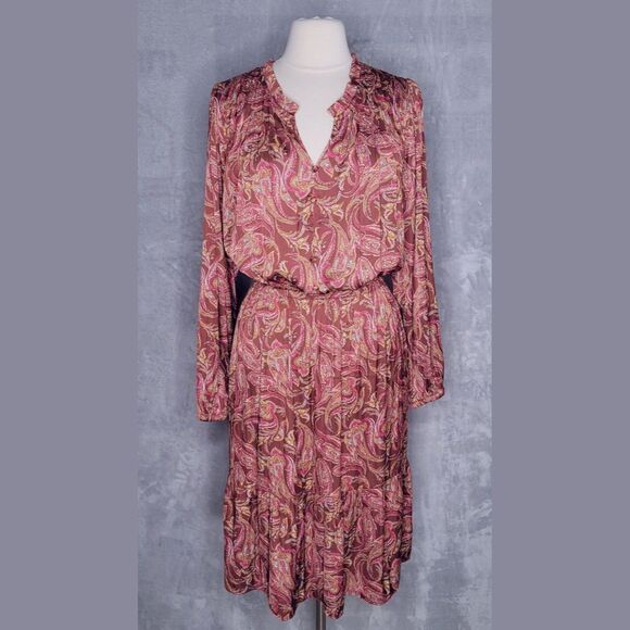 LANE BRYANT Brown Paisley Midi Dress Size 18 Long Sleeve Ruffle Neck Silky Boho - Picture 2 of 12